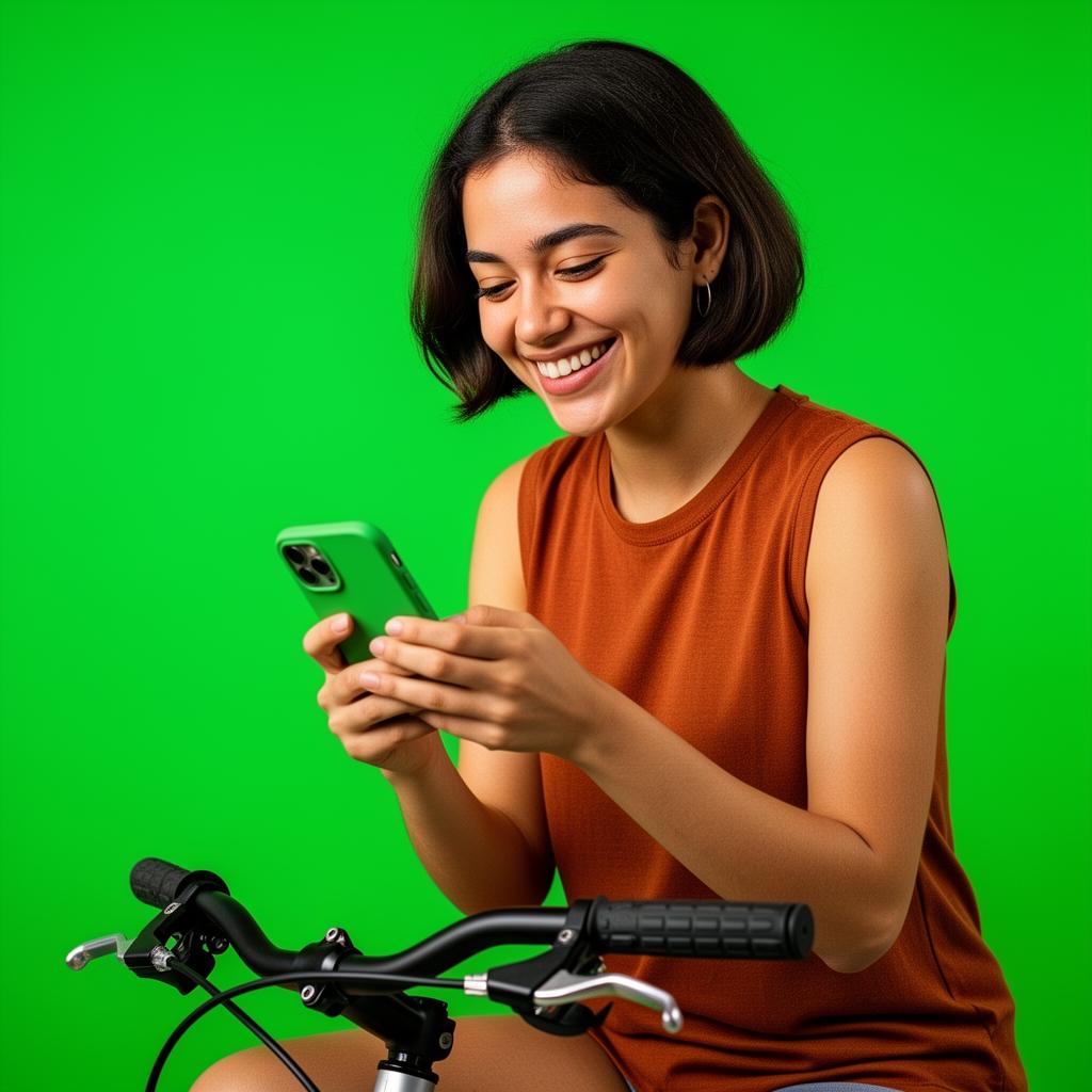 Mulher sorrindo segurando um celular verde, sentada em uma bicicleta